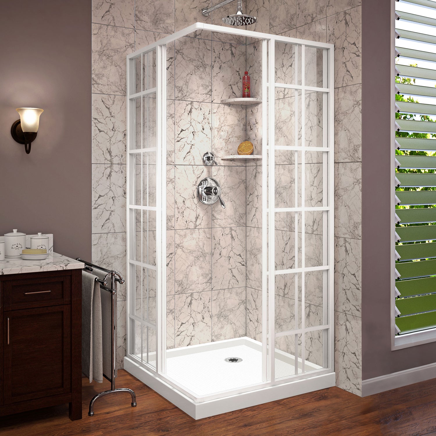 DreamLine French Corner 36 in. D x 36 in. W x 74 3/4 in. H Sliding Shower Enclosure in White and Corner Drain White Base Kit