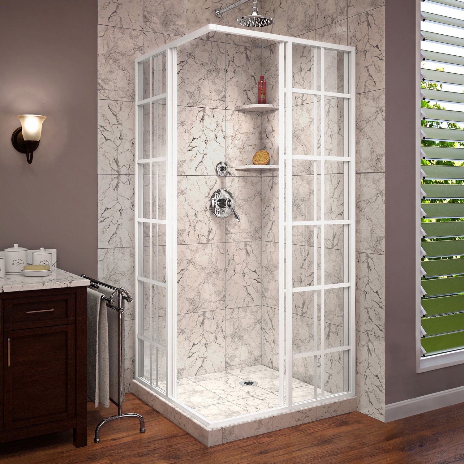 DreamLine French Corner 34 1/2 in. D x 34 1/2 in. W x 72 in. H Framed Sliding Shower Enclosure in White