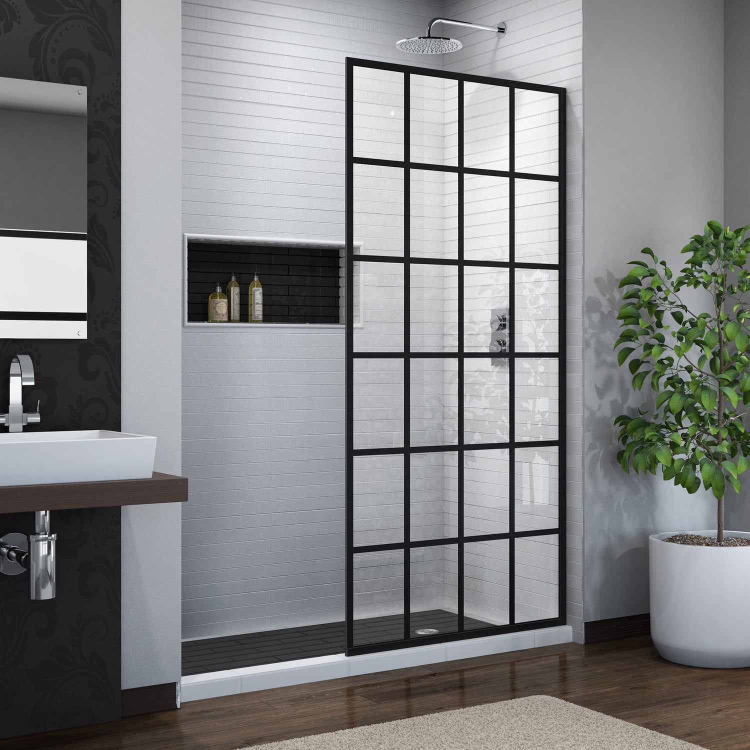 DreamLine French Linea Toulon 34 in. W x 72 in. H Single Panel Frameless Shower Door, Open Entry Design in Satin Black