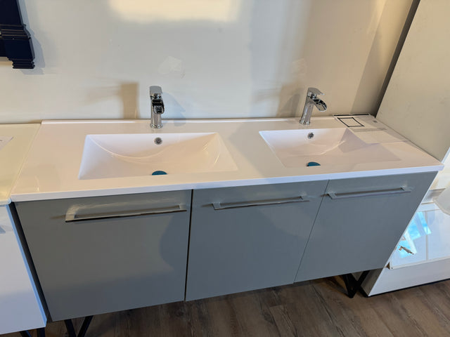 60" Double Bowl Grey Vanity Set with Ceramic top with intergrated Sink, and Waterfall Chrome Single Hole Faucets