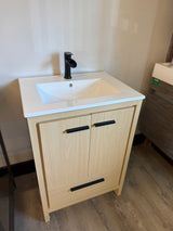 24"  Natural Oak Vanity Set with Ceramic Top and Integrated Sink, and Black Faucet
