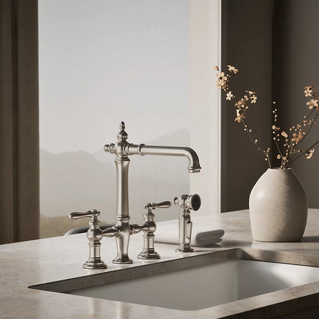 Kohler 76519-4-VS K-76519-4-VS Artifacts Deck-Mount Bridge Kitchen Sink Faucet with Lever Handles and sidespray Vibrant Stainless