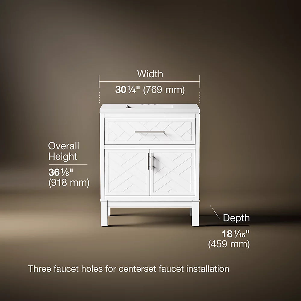 KOHLER Accra 30in. Single Sink Freestanding White Bath Vanity with Pure White Quartz Top Assembled R35898-ASB-0