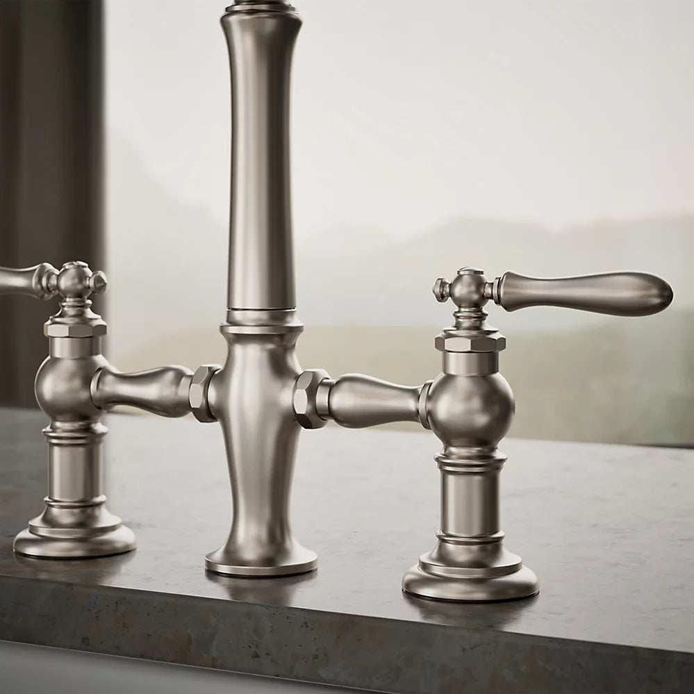 Kohler 76519-4-VS K-76519-4-VS Artifacts Deck-Mount Bridge Kitchen Sink Faucet with Lever Handles and sidespray Vibrant Stainless
