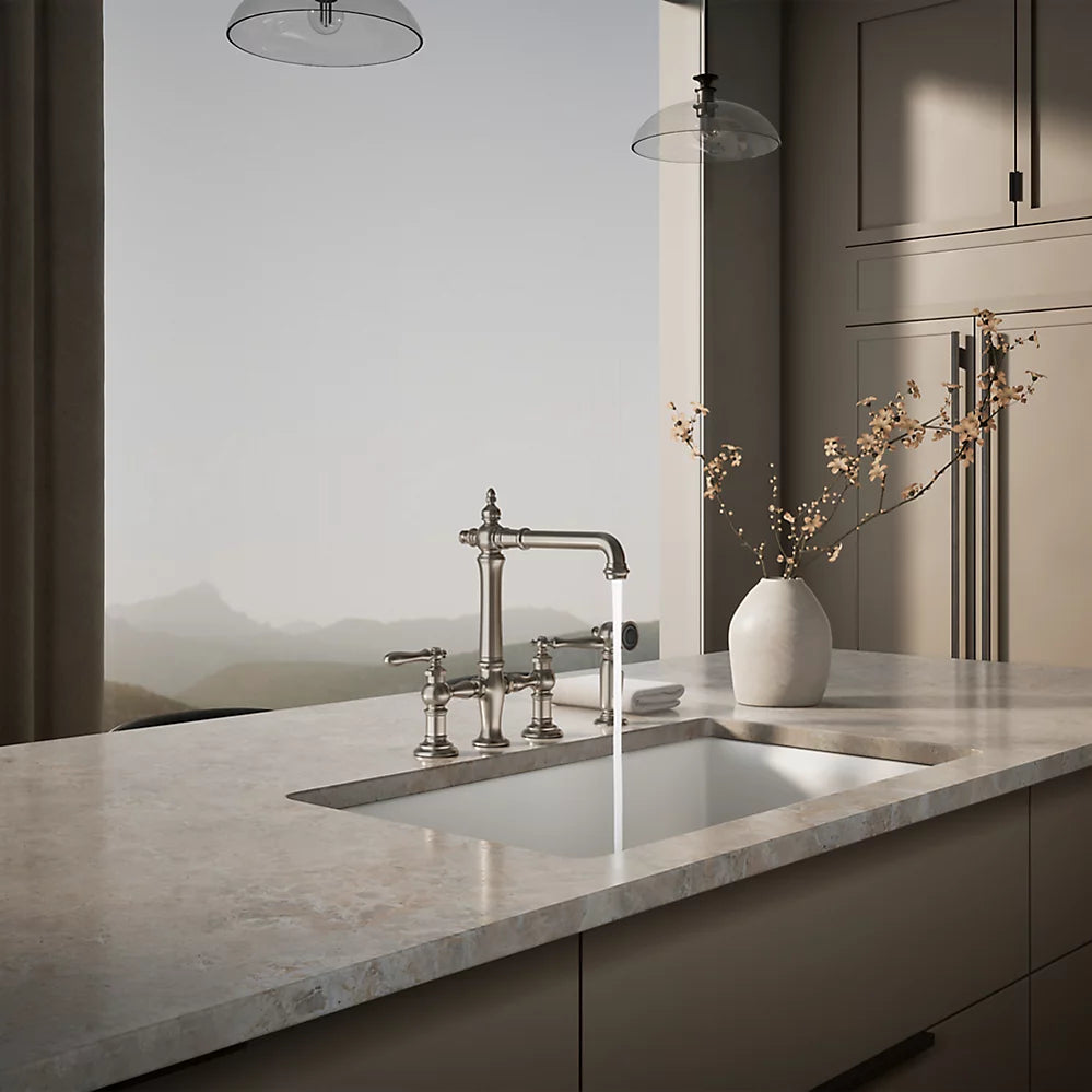 Kohler 76519-4-VS K-76519-4-VS Artifacts Deck-Mount Bridge Kitchen Sink Faucet with Lever Handles and sidespray Vibrant Stainless