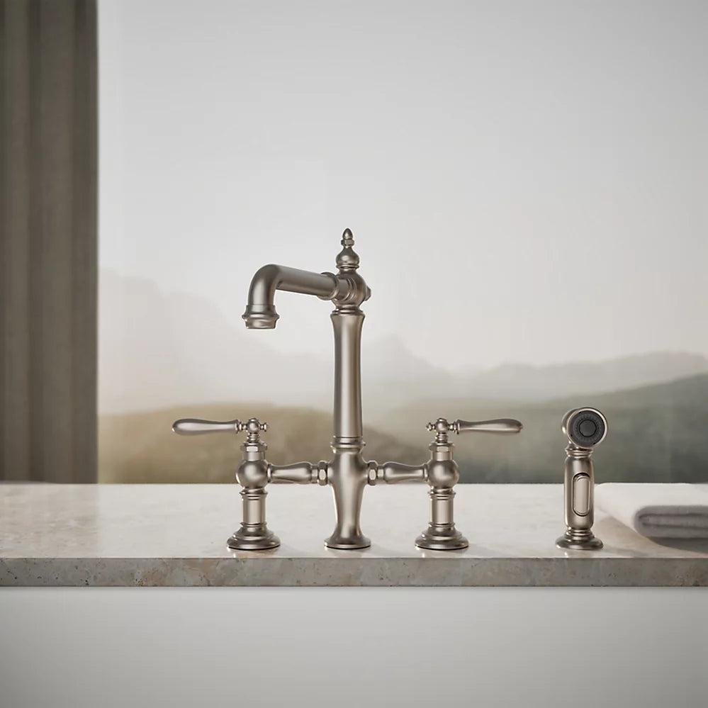 Kohler 76519-4-VS K-76519-4-VS Artifacts Deck-Mount Bridge Kitchen Sink Faucet with Lever Handles and sidespray Vibrant Stainless