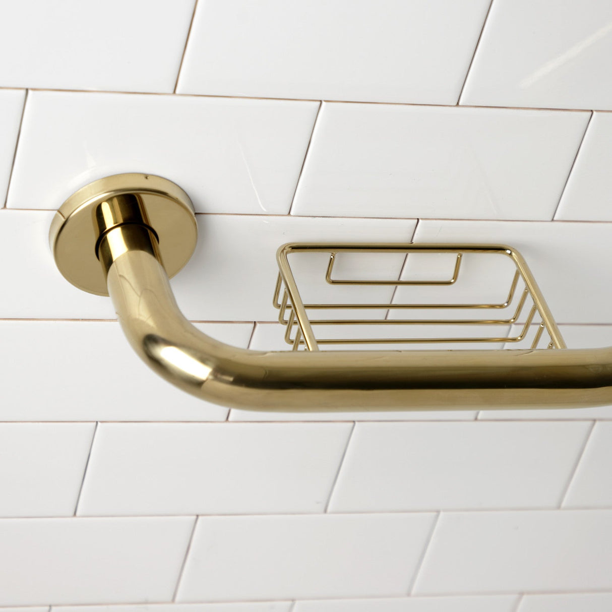 Meridian Thrive In Place GBS141012CS2 10-Inch x 12-Inch Angled Grab Bar with Soap Holder, Polished Brass