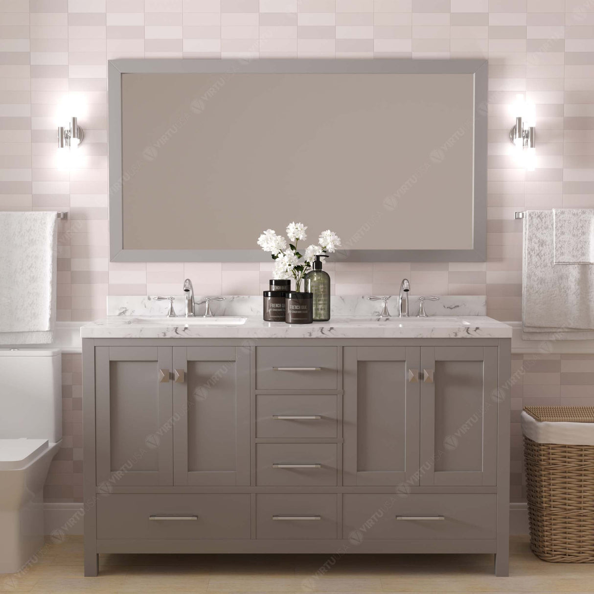 Virtu USA Caroline Avenue 60" Double Bath Vanity with White Quartz Top and Round Sinks with Brushed Nickel Faucets with Matching Mirror