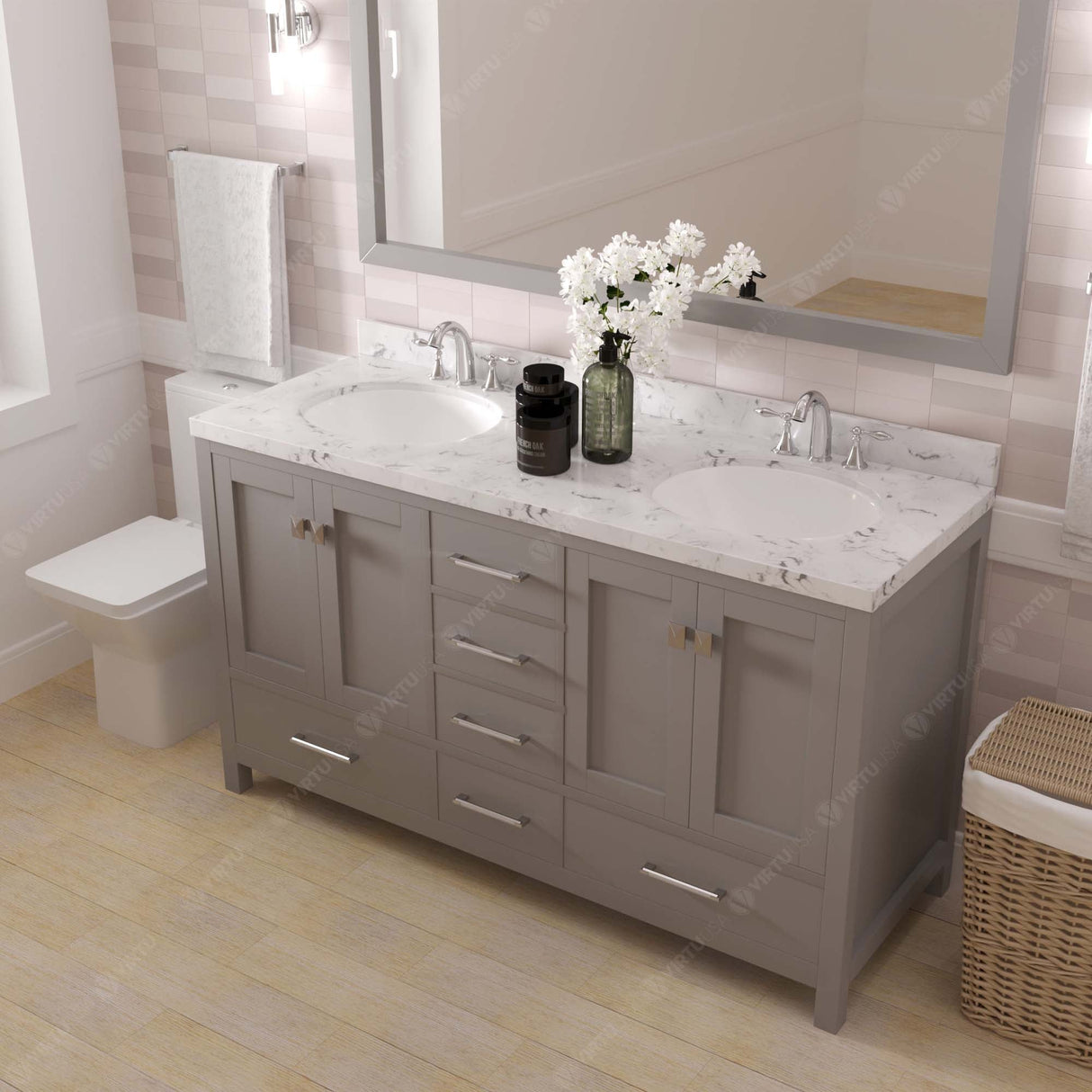 Virtu USA Caroline Avenue 60" Double Bath Vanity with White Quartz Top and Round Sinks with Brushed Nickel Faucets with Matching Mirror