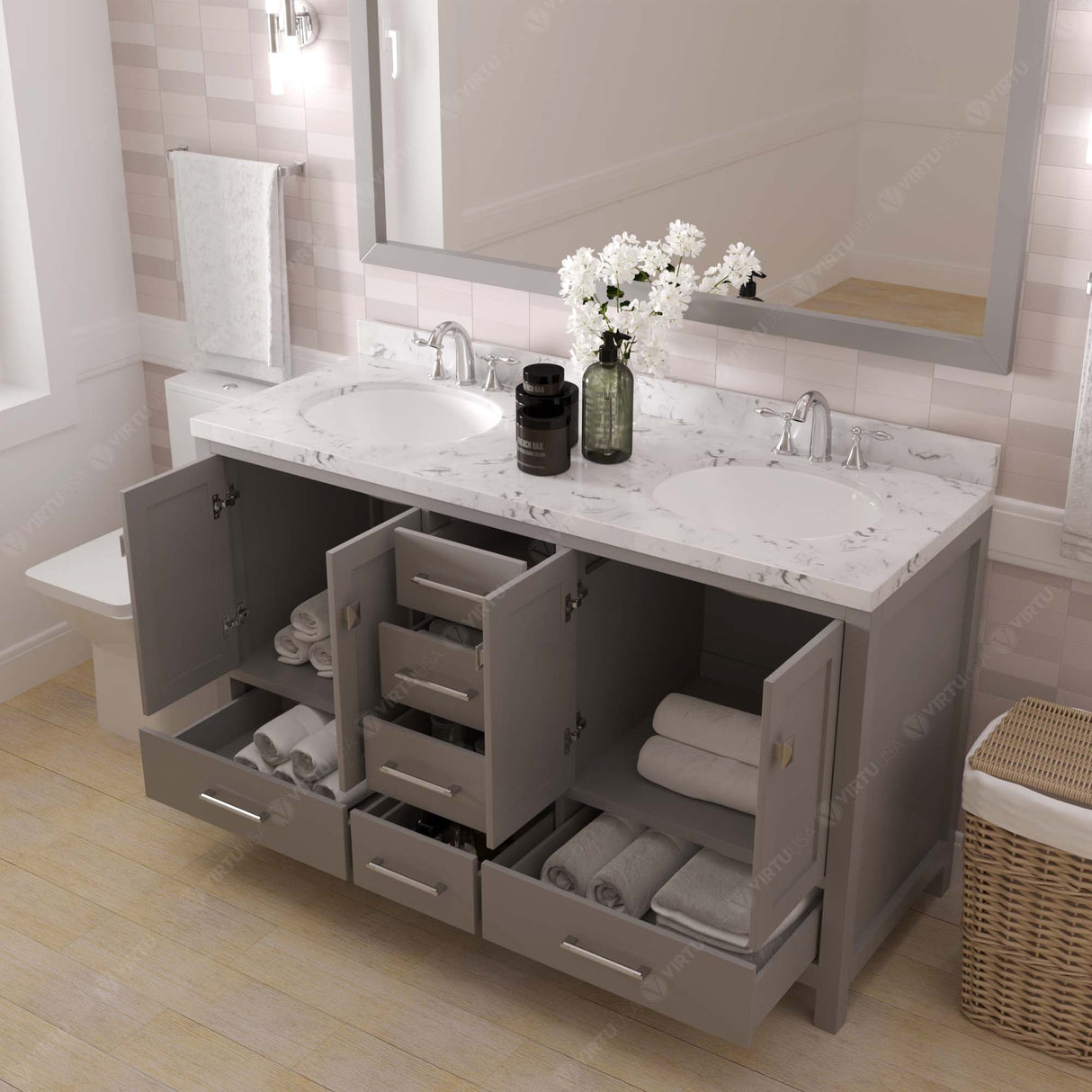 Virtu USA Caroline Avenue 60" Double Bath Vanity with White Quartz Top and Round Sinks with Polished Chrome Faucets with Matching Mirror