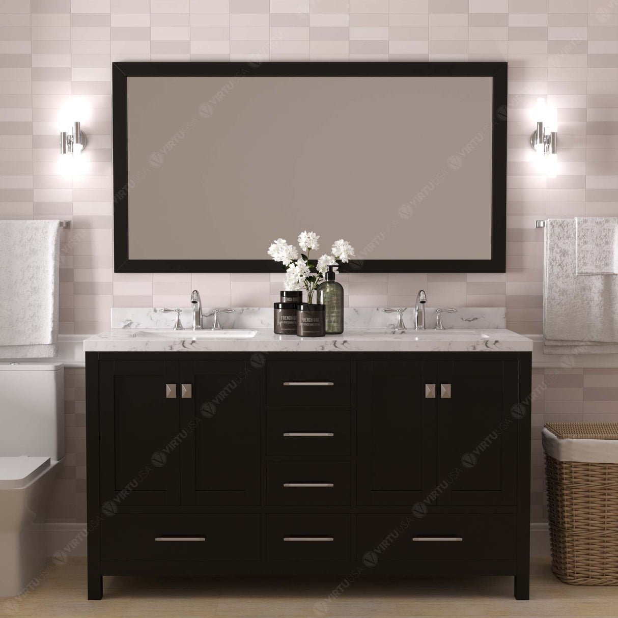 Virtu USA Caroline Avenue 60" Double Bath Vanity with White Quartz Top and Round Sinks with Brushed Nickel Faucets with Matching Mirror