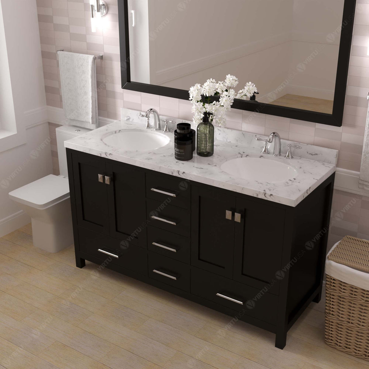 Virtu USA Caroline Avenue 60" Double Bath Vanity with White Quartz Top and Round Sinks with Polished Chrome Faucets with Matching Mirror