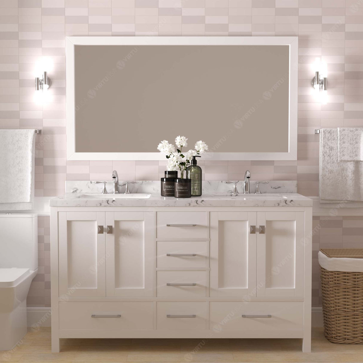 Virtu USA Caroline Avenue 60" Double Bath Vanity with White Quartz Top and Round Sinks with Brushed Nickel Faucets with Matching Mirror