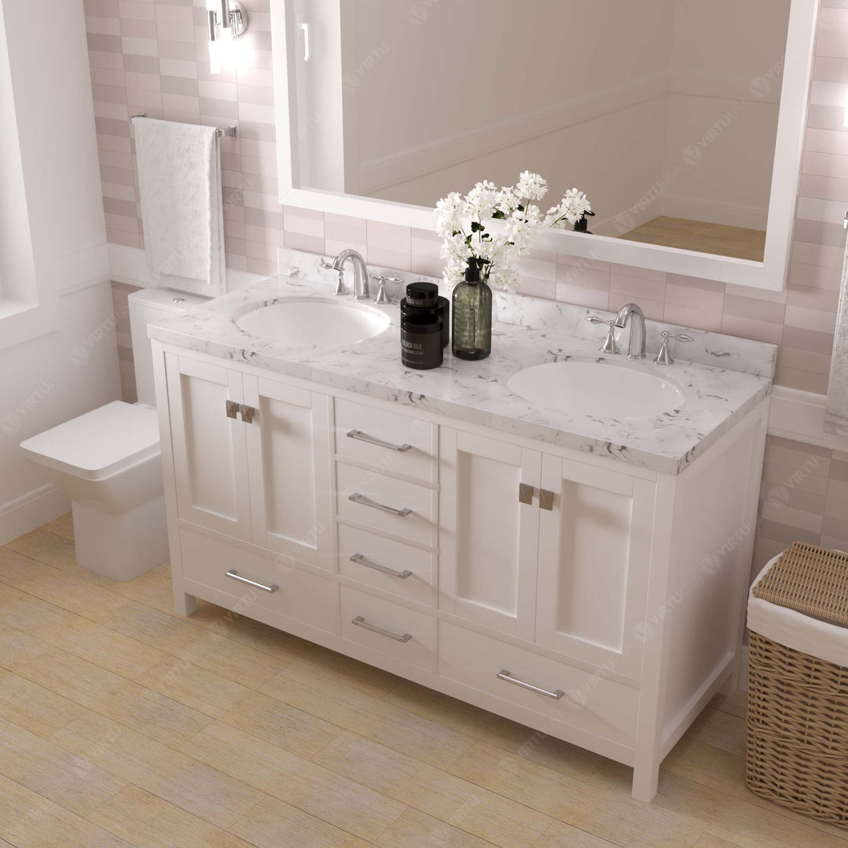 Virtu USA Caroline Avenue 60" Double Bath Vanity with White Quartz Top and Round Sinks with Polished Chrome Faucets with Matching Mirror