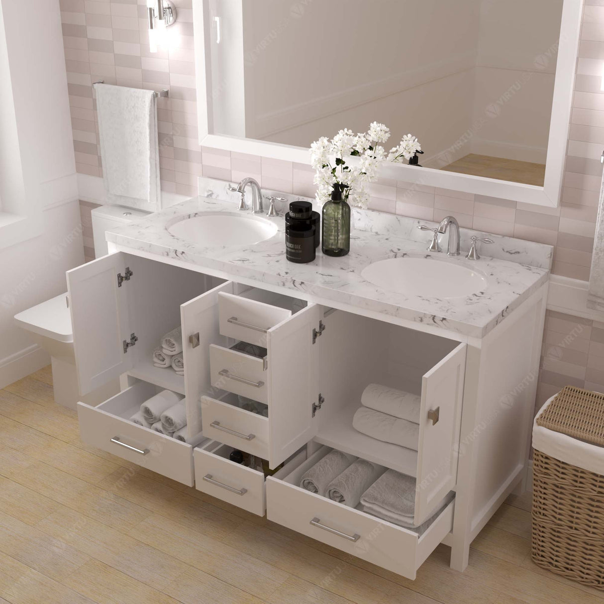 Virtu USA Caroline Avenue 60" Double Bath Vanity with White Quartz Top and Round Sinks with Brushed Nickel Faucets with Matching Mirror