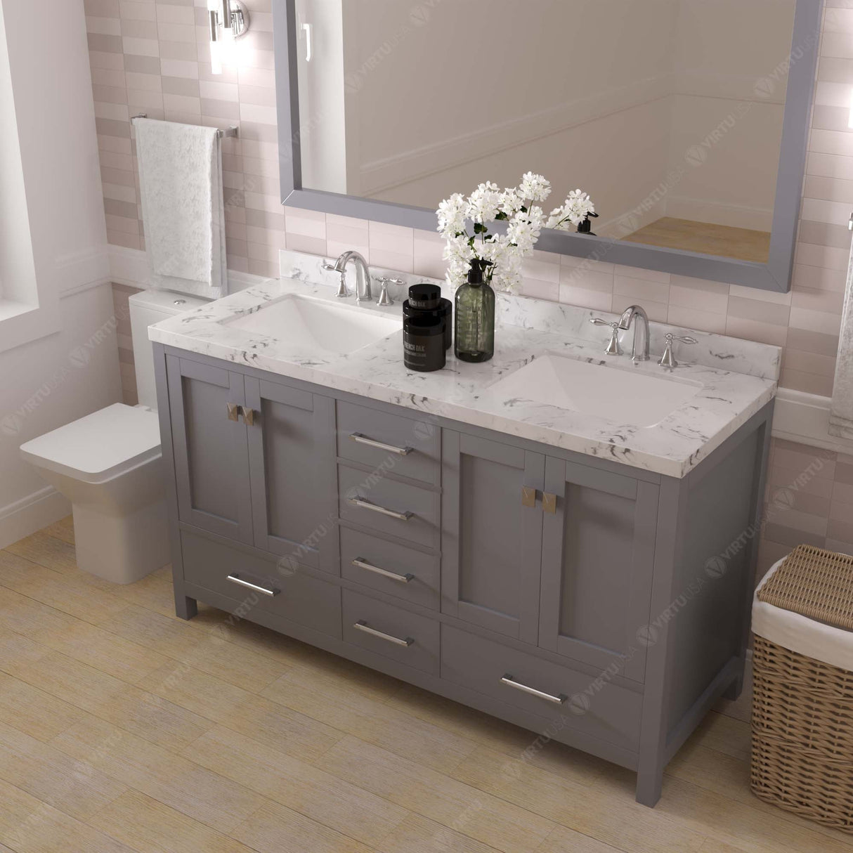 Virtu USA Caroline Avenue 60" Double Bath Vanity with White Quartz Top and Square Sinks with Polished Chrome Faucets with Matching Mirror