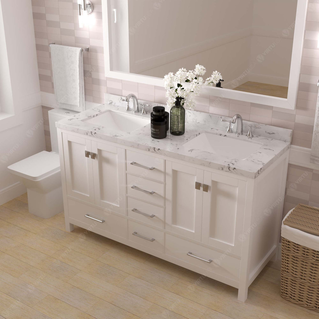 Virtu USA Caroline Avenue 60" Double Bath Vanity with White Quartz Top and Square Sinks with Brushed Nickel Faucets with Matching Mirror