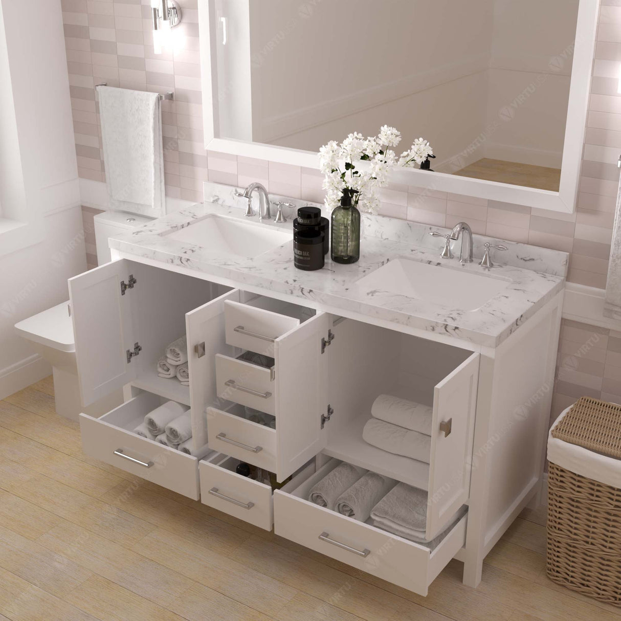 Virtu USA Caroline Avenue 60" Double Bath Vanity with White Quartz Top and Square Sinks with Polished Chrome Faucets with Matching Mirror