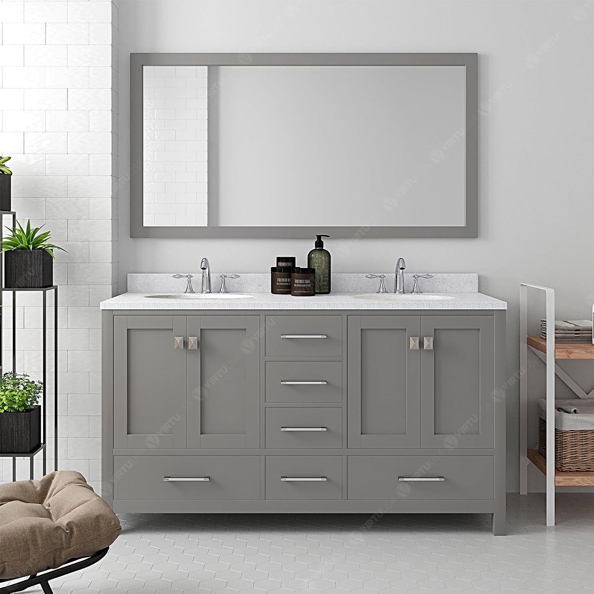 Virtu USA Caroline Avenue 60" Double Bath Vanity with Dazzle White Quartz Top and Round Sinks with Matching Mirror