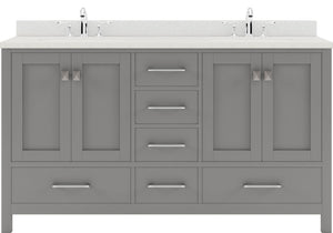 Virtu USA Caroline Avenue 60" Double Bath Vanity with Dazzle White Quartz Top and Round Sinks with Polished Chrome Faucets with Matching Mirror