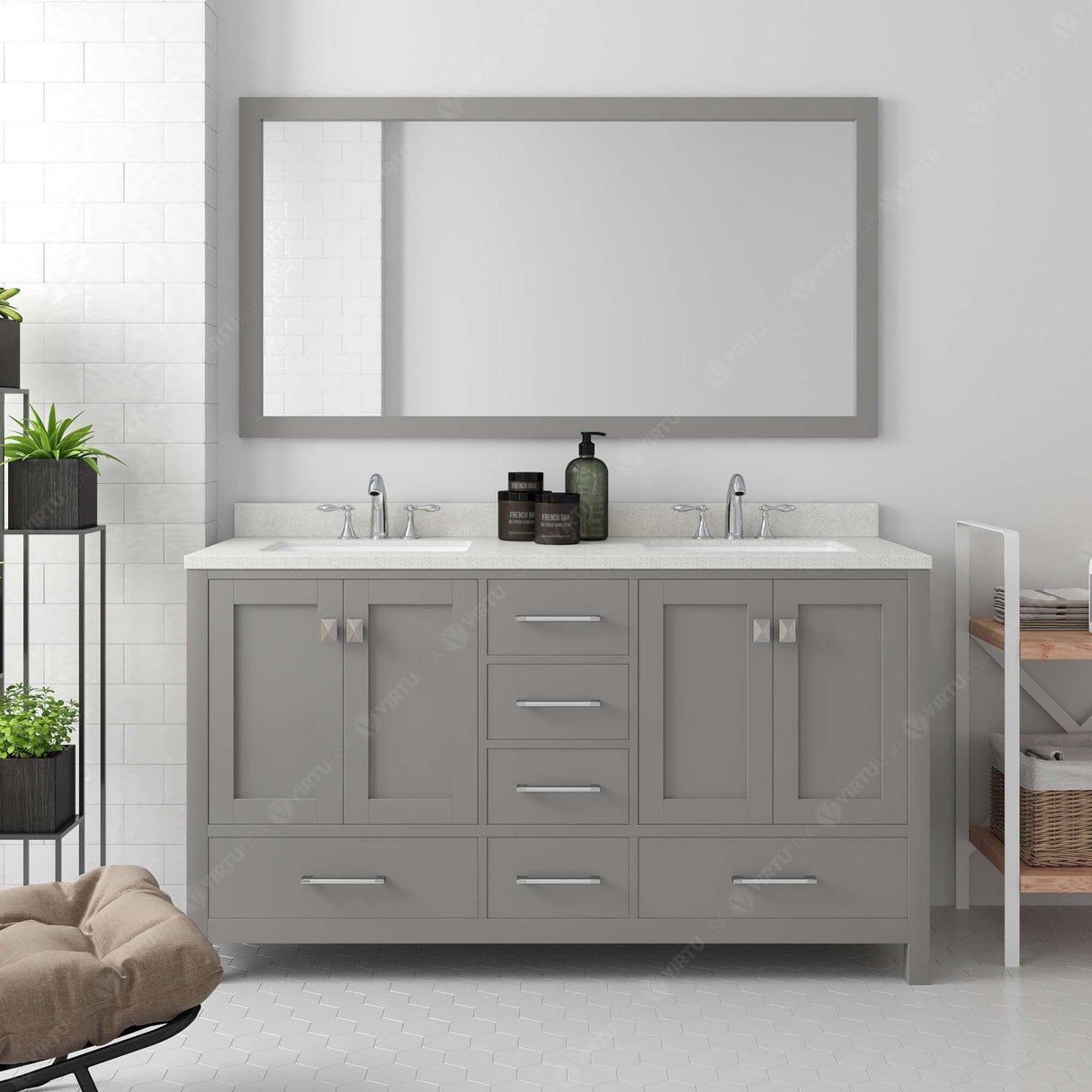 Virtu USA Caroline Avenue 60" Double Bath Vanity with Dazzle White Quartz Top and Round Sinks with Polished Chrome Faucets with Matching Mirror