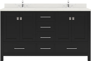 Virtu USA Caroline Avenue 60" Double Bath Vanity with Dazzle White Quartz Top and Round Sinks with Polished Chrome Faucets with Matching Mirror