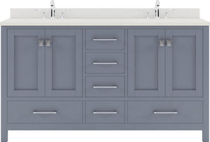 Virtu USA Caroline Avenue 60" Double Bath Vanity with Dazzle White Quartz Top and Round Sinks with Polished Chrome Faucets with Matching Mirror