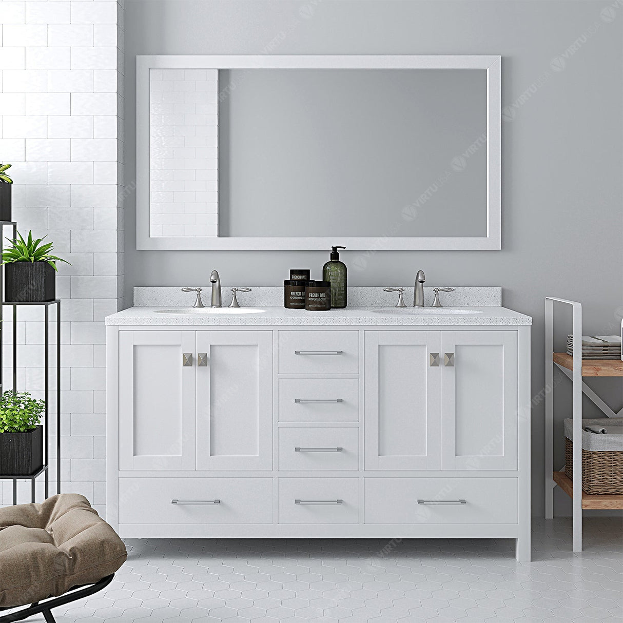 Virtu USA Caroline Avenue 60" Double Bath Vanity with Dazzle White Quartz Top and Round Sinks with Matching Mirror