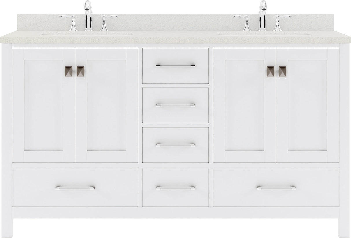 Virtu USA Caroline Avenue 60" Double Bath Vanity with Dazzle White Quartz Top and Round Sinks with Polished Chrome Faucets with Matching Mirror