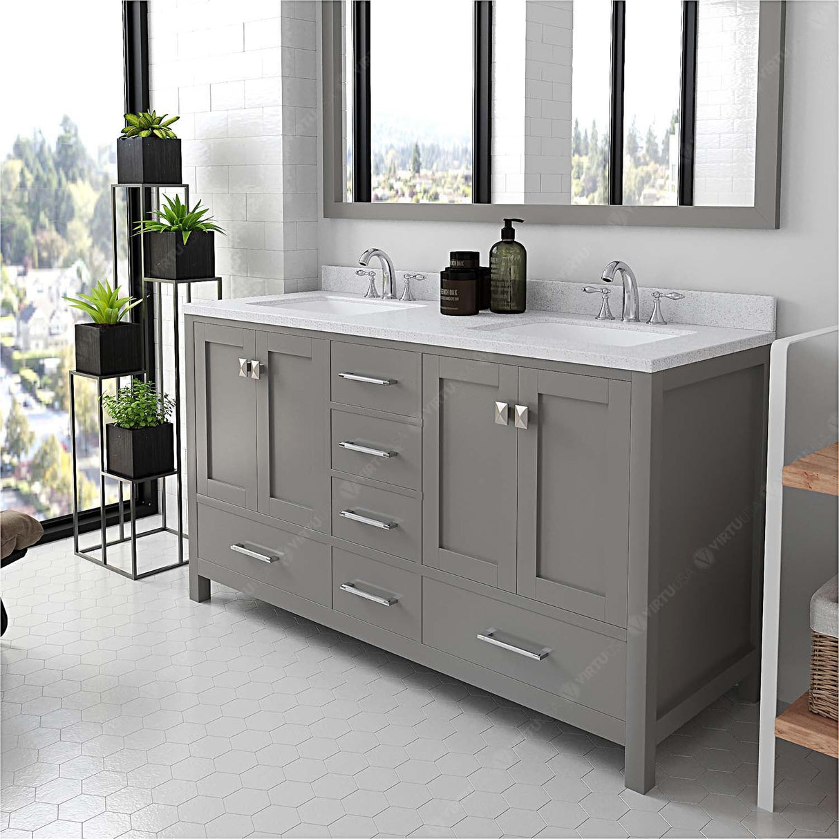 Virtu USA Caroline Avenue 60" Double Bath Vanity with Dazzle White Quartz Top and Square Sinks with Brushed Nickel Faucets with Matching Mirror