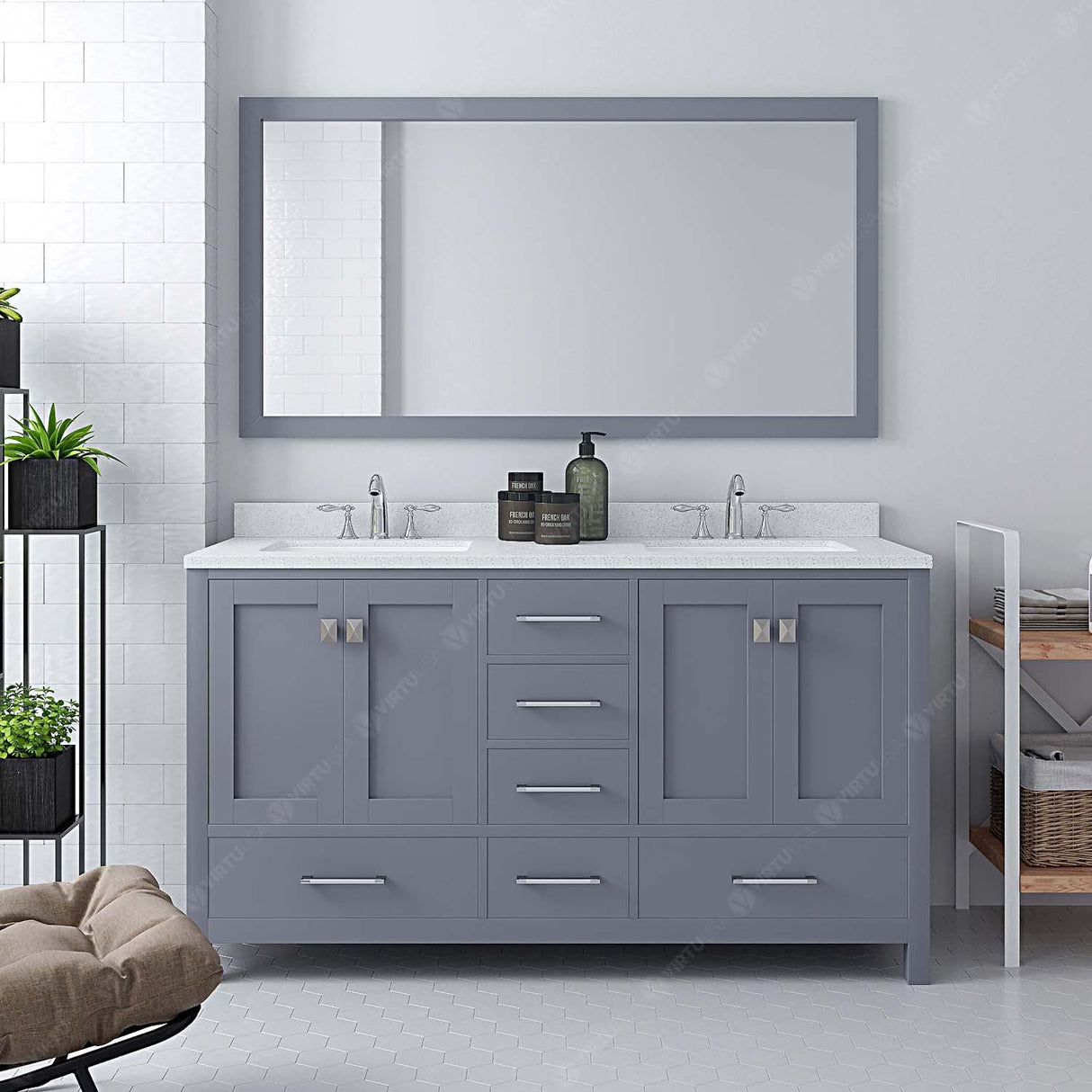 Virtu USA Caroline Avenue 60" Double Bath Vanity with Dazzle White Quartz Top and Square Sinks with Brushed Nickel Faucets with Matching Mirror