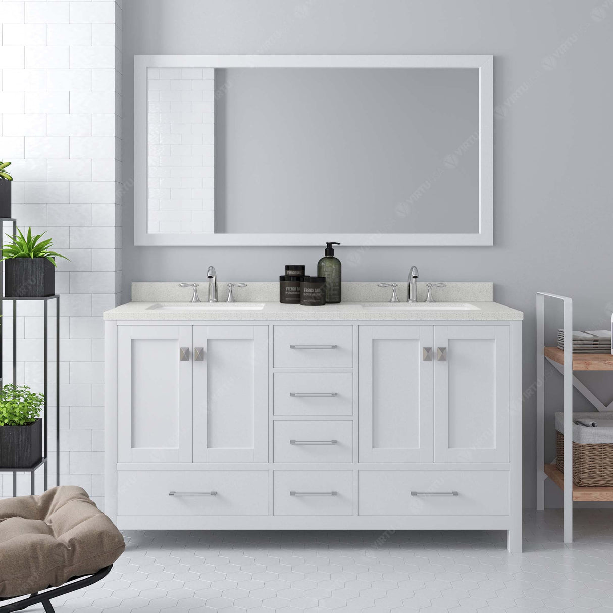 Virtu USA Caroline Avenue 60" Double Bath Vanity with Dazzle White Quartz Top and Square Sinks with Brushed Nickel Faucets with Matching Mirror