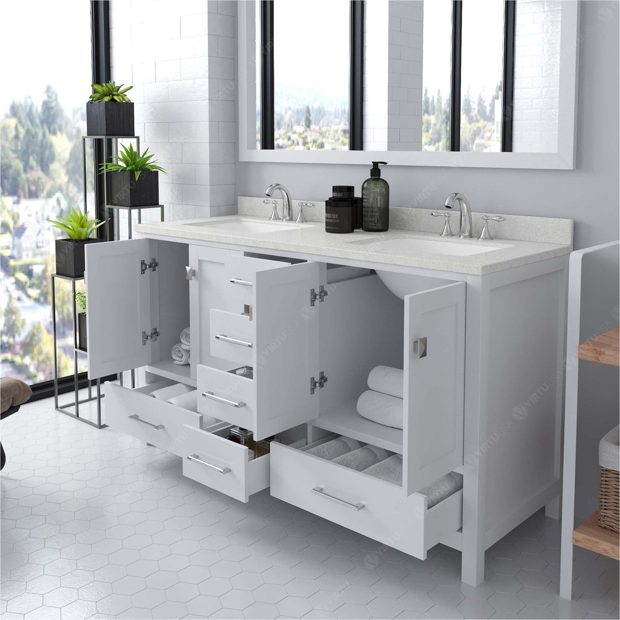 Virtu USA Caroline Avenue 60" Double Bath Vanity with Dazzle White Quartz Top and Square Sinks with Matching Mirror