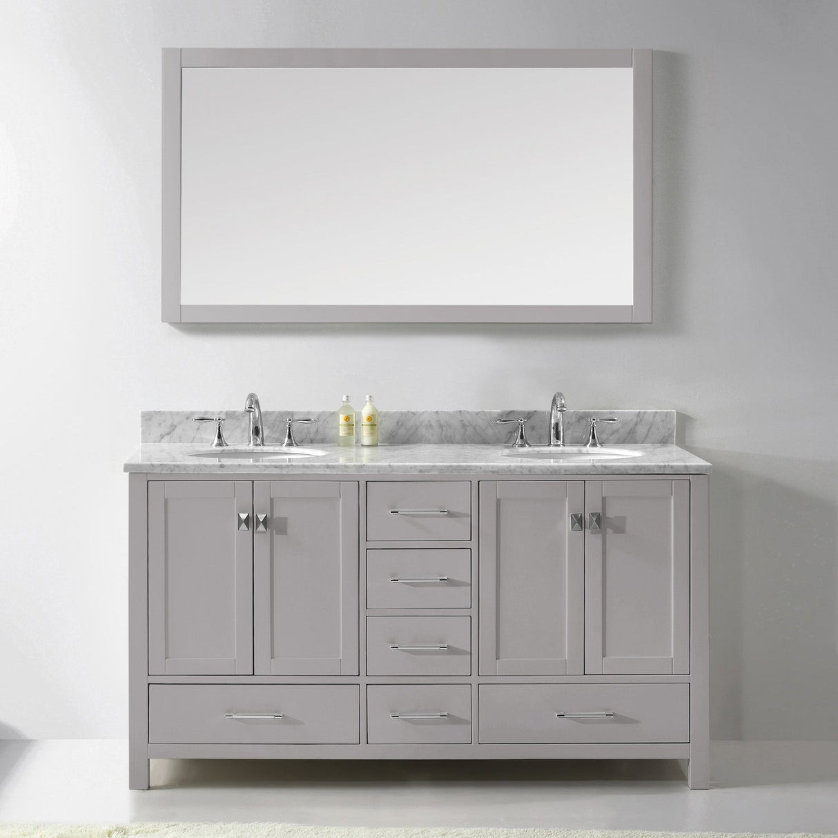 Virtu USA Caroline Avenue 60" Double Bath Vanity with White Marble Top and Round Sinks with Polished Chrome Faucets with Matching Mirror