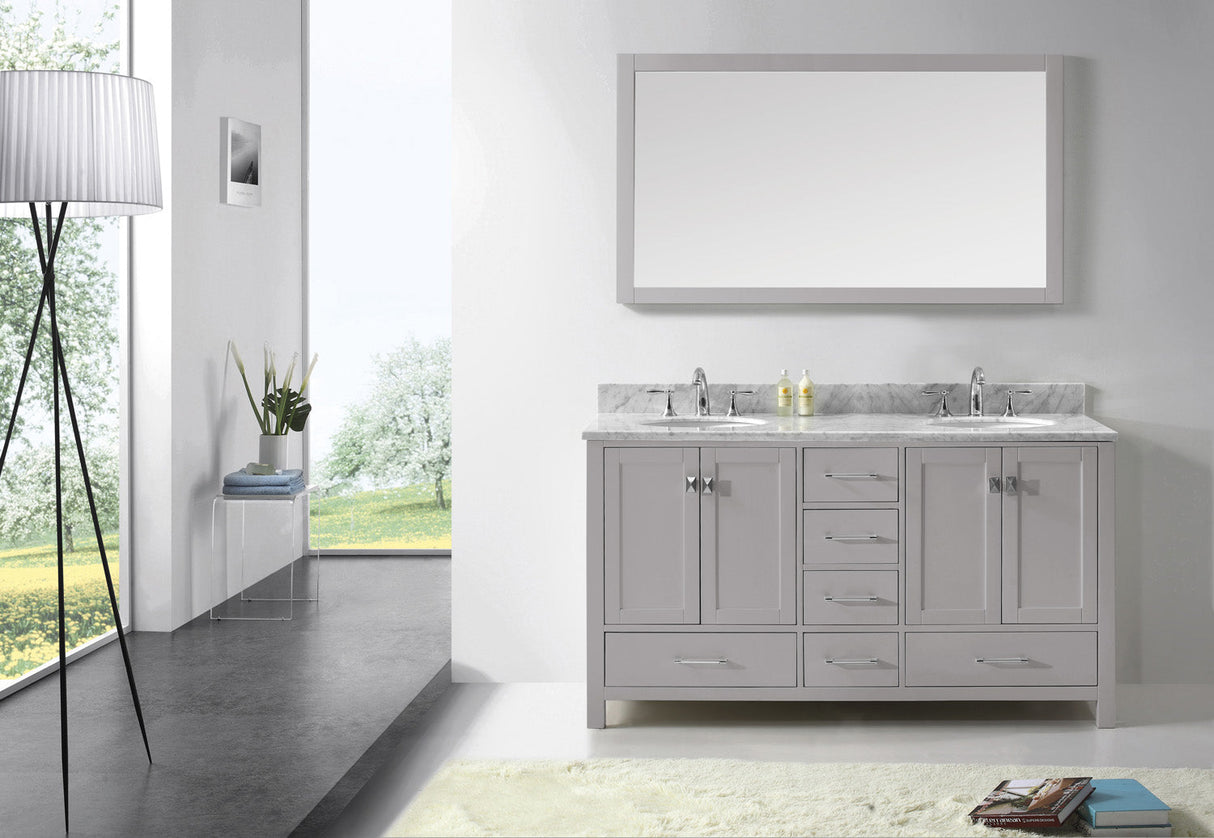 Virtu USA Caroline Avenue 60" Double Bath Vanity with White Marble Top and Round Sinks with Polished Chrome Faucets with Matching Mirror