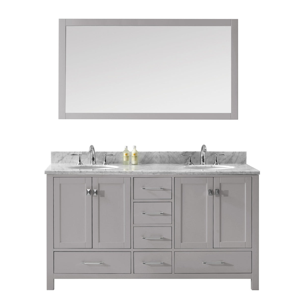 Virtu USA Caroline Avenue 60" Double Bath Vanity with Marble Top and Round Sink with Polished Chrome Faucet and Mirror - Luxe Bathroom Vanities Luxury Bathroom Fixtures Bathroom Furniture