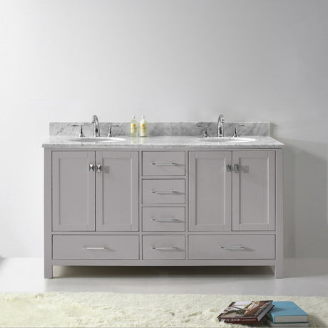 Virtu USA Caroline Avenue 60" Double Bath Vanity in Cashmere Gray with White Marble Top and Round Sinks with Polished Chrome Faucets