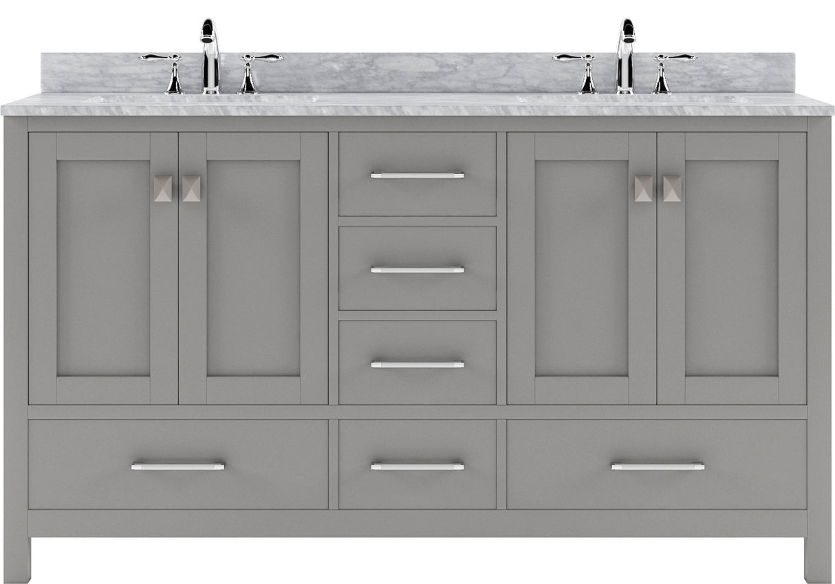 Virtu USA Caroline Avenue 60" Double Bath Vanity in Cashmere Grey with Marble Top and Round Sink with Polished Chrome Faucet - Luxe Bathroom Vanities