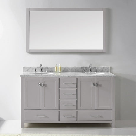 Virtu USA Caroline Avenue 60" Double Bath Vanity with White Marble Top and Round Sinks with Brushed Nickel Faucets with Matching Mirror