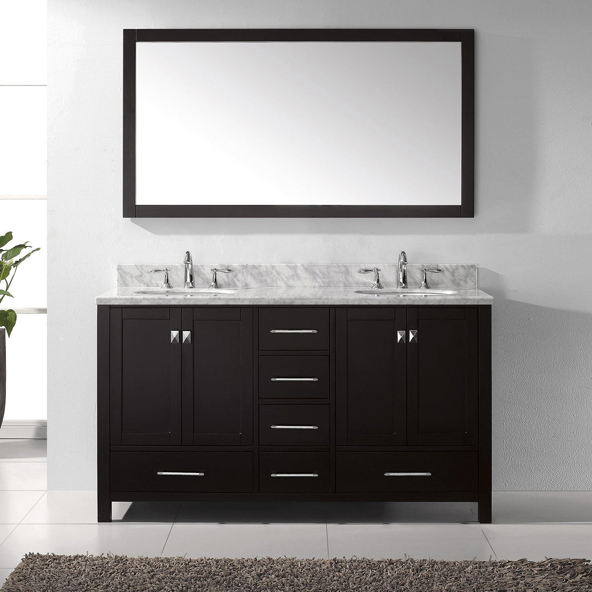 Virtu USA Caroline Avenue 60" Double Bath Vanity with White Marble Top and Round Sinks with Brushed Nickel Faucets with Matching Mirror