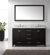 Virtu USA Caroline Avenue 60" Double Bath Vanity with White Marble Top and Round Sinks with Brushed Nickel Faucets with Matching Mirror