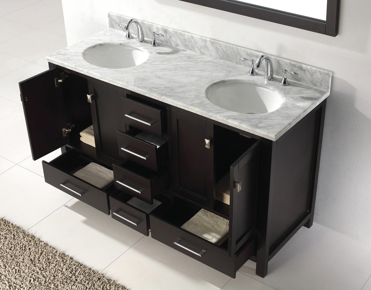 Virtu USA Caroline Avenue 60" Double Bath Vanity with White Marble Top and Round Sinks with Brushed Nickel Faucets with Matching Mirror