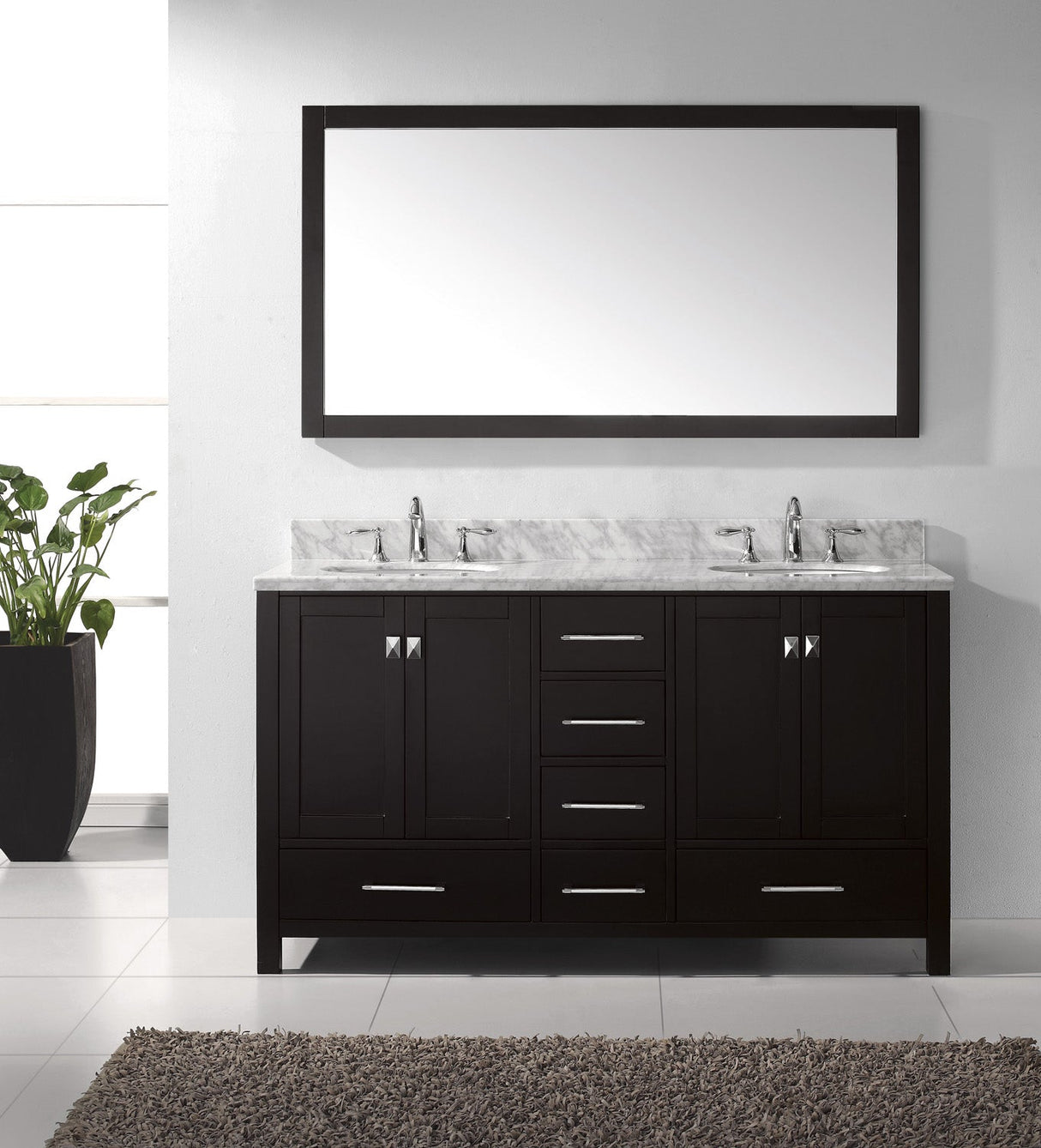 Virtu USA Caroline Avenue 60" Double Bath Vanity with White Marble Top and Round Sinks with Polished Chrome Faucets with Matching Mirror