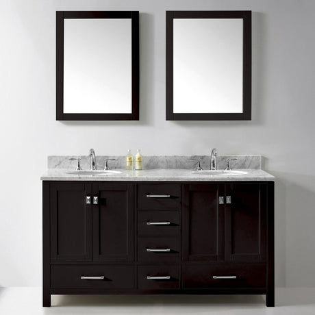Virtu USA Caroline Avenue 60" Double Bath Vanity with White Marble Top and Round Sinks with Matching Mirrors