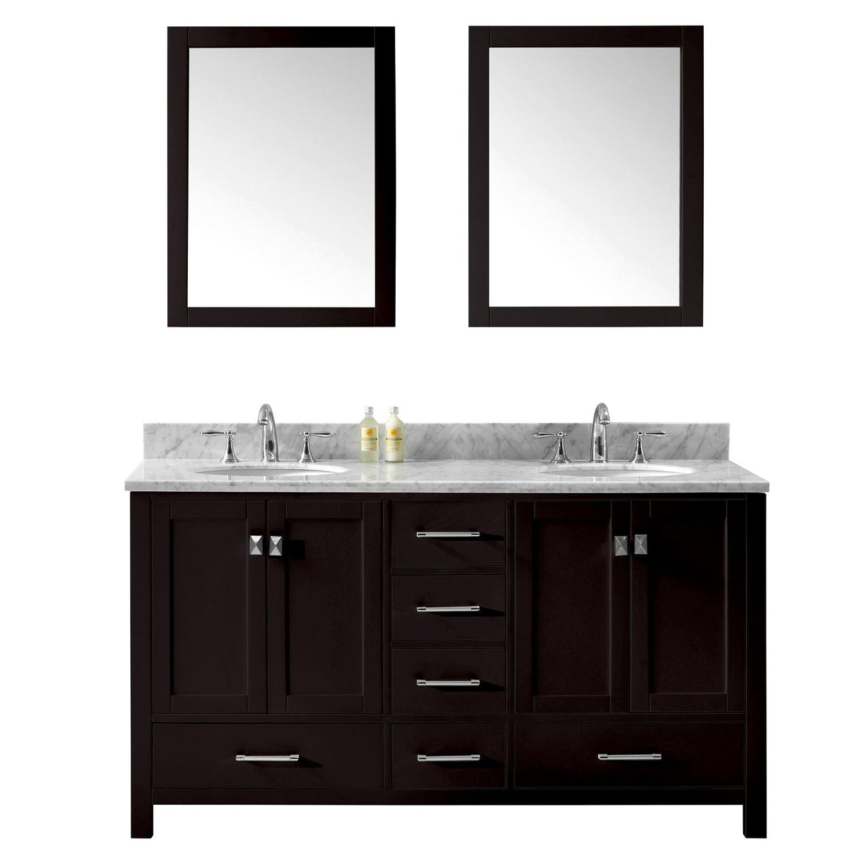 Virtu USA Caroline Avenue 60" Double Bath Vanity with White Marble Top and Round Sinks with Matching Mirrors