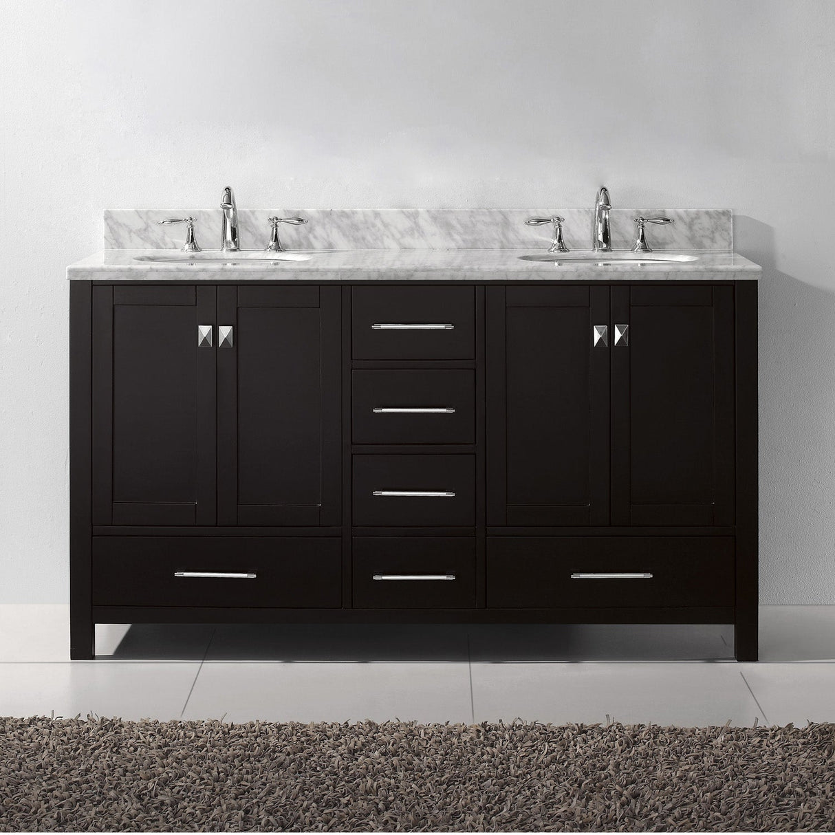 Virtu USA Caroline Avenue 60" Double Bath Vanity with White Marble Top and Round Sinks