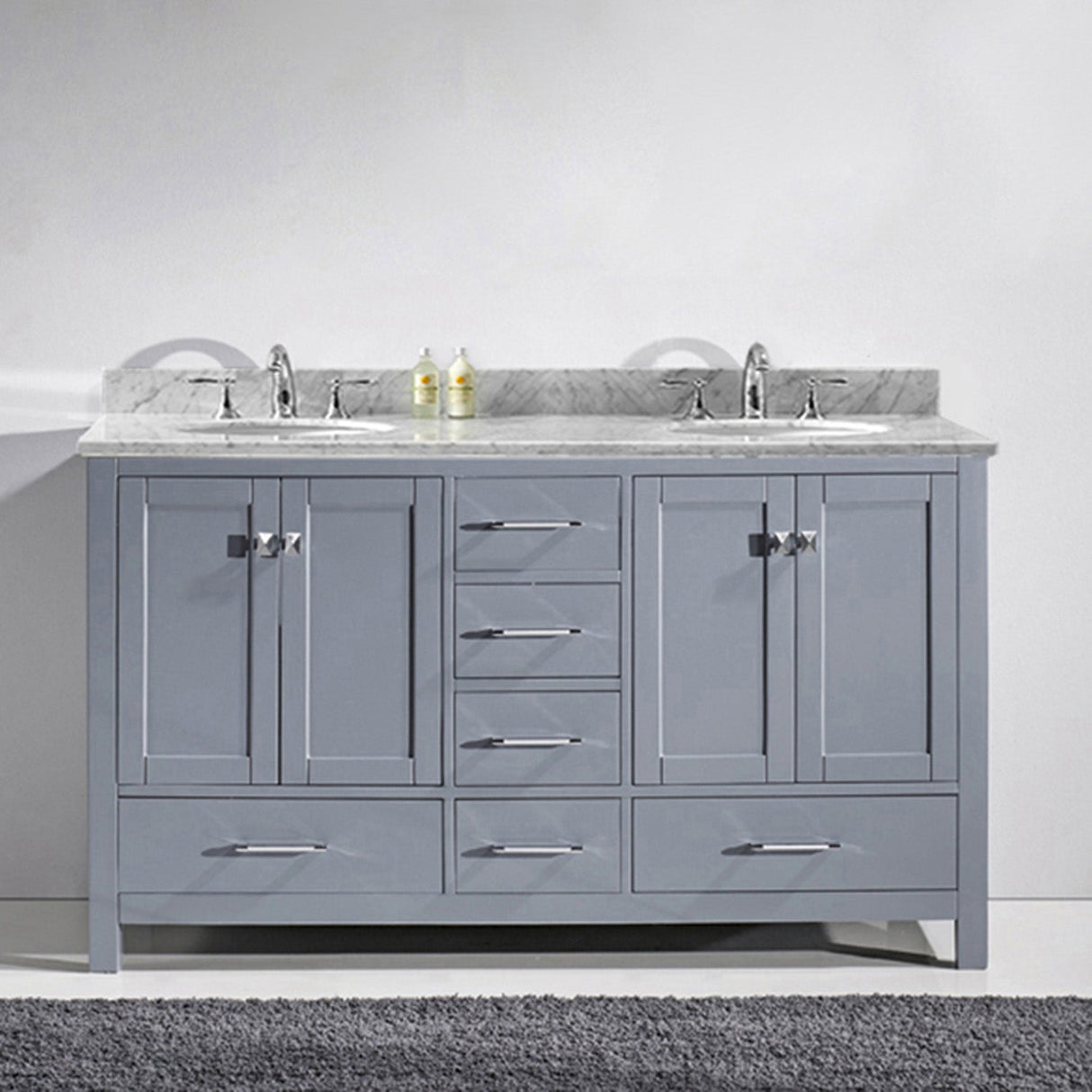 Virtu USA Caroline Avenue 60" Double Bath Vanity with White Marble Top and Round Sinks