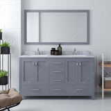 Virtu USA Caroline Avenue 60" Double Bath Vanity with White Marble Top and Round Sinks with Polished Chrome Faucets with Matching Mirror