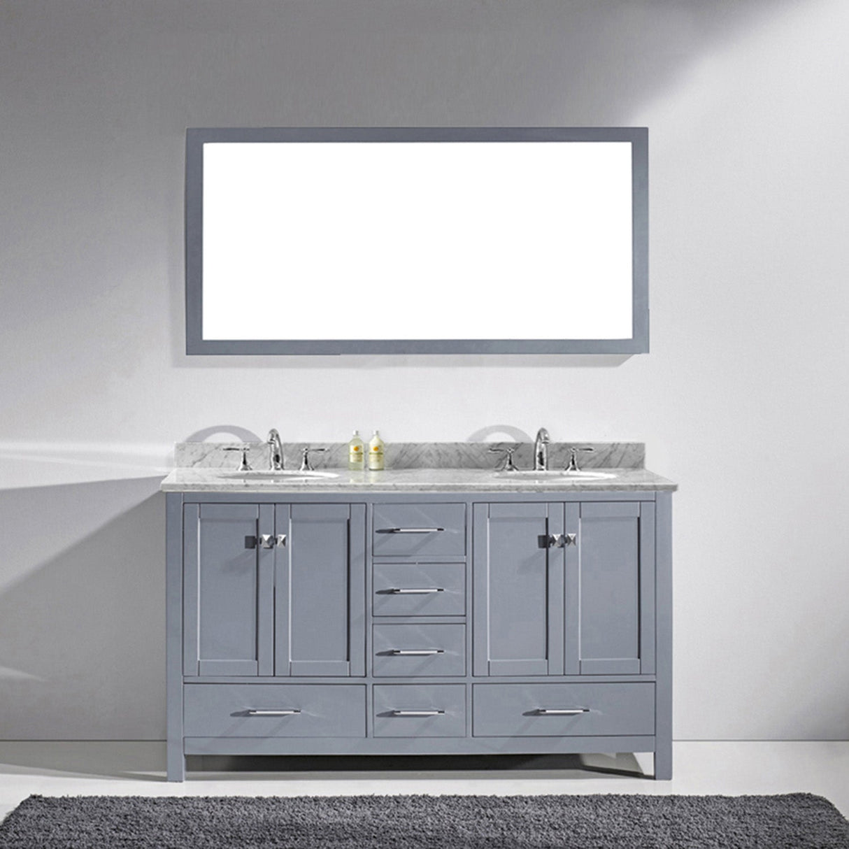 Virtu USA Caroline Avenue 60" Double Bath Vanity with White Marble Top and Round Sinks with Matching Mirror