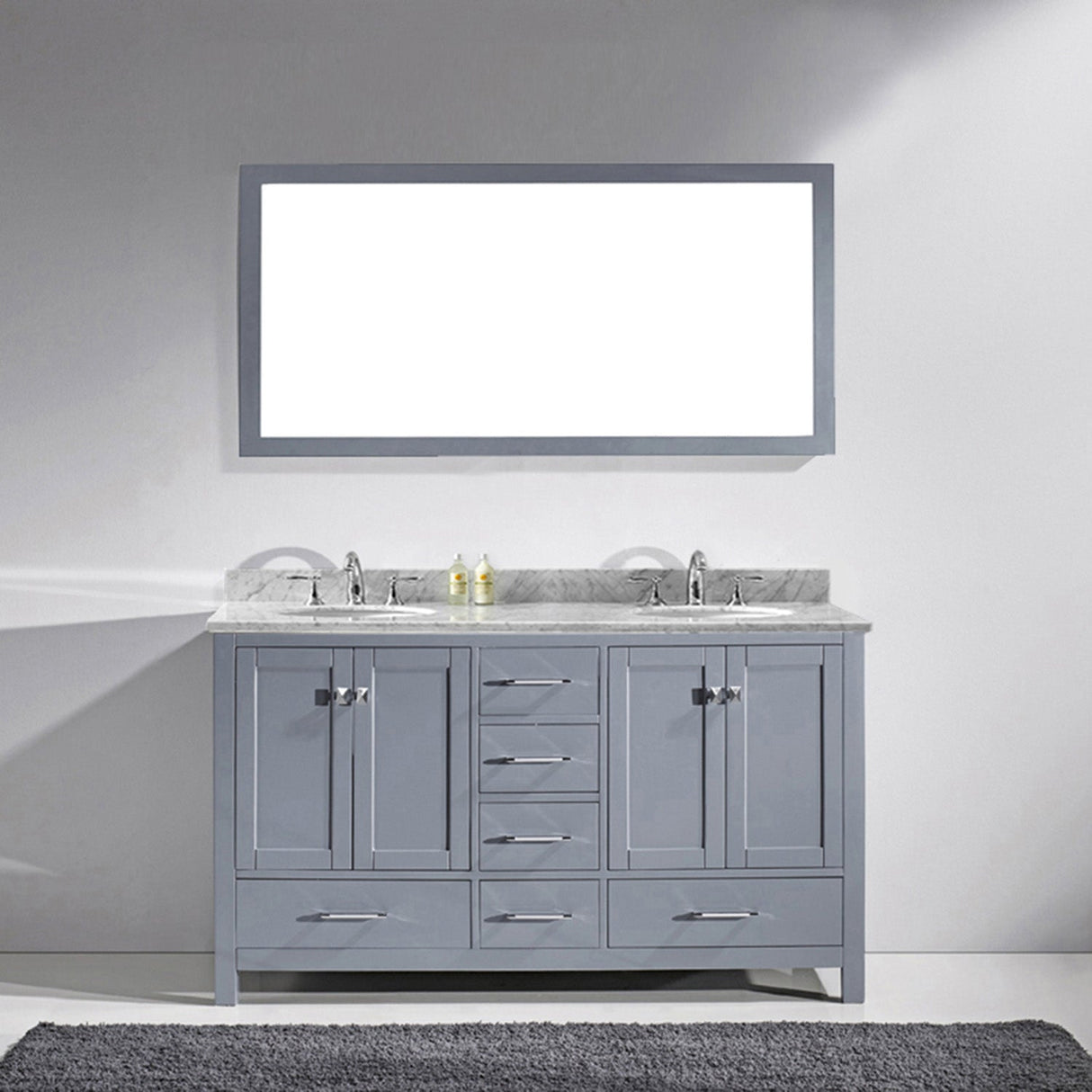 Virtu USA Caroline Avenue 60" Double Bath Vanity with White Marble Top and Round Sinks with Brushed Nickel Faucets with Matching Mirror